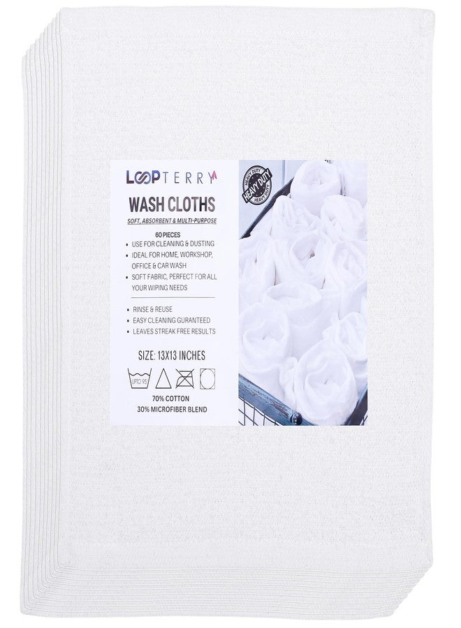 Looperry White Terry Cloth Rags (60 Pack Bulk) 13"x13" Inches Commercial Grade Dish Cloth Multipurpose Cleaning Rags for Housekeeping, Car Wash. Absorbent & Reusable Bar Mop Towels for Kitchen Cotton - Image 2